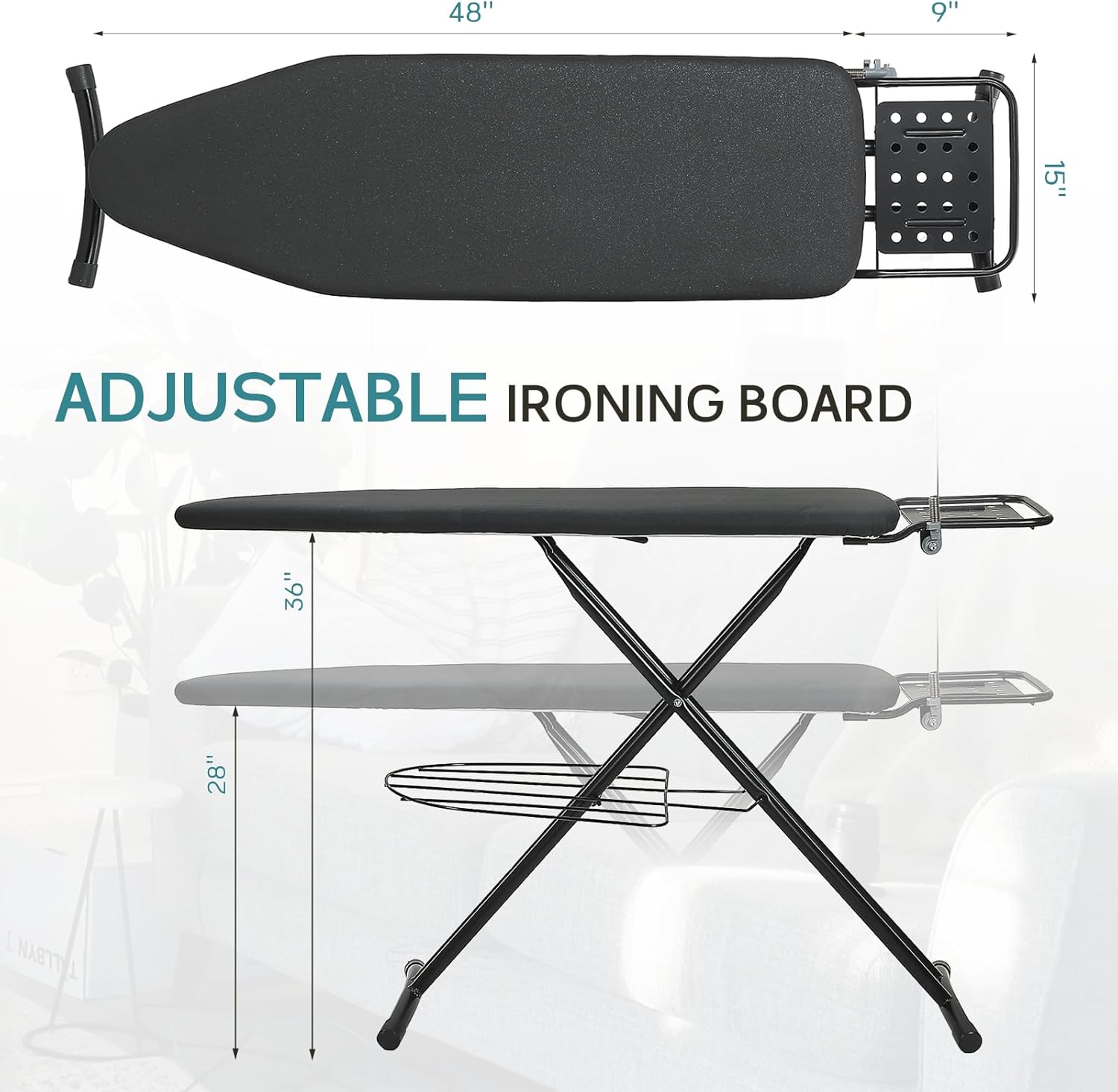 Ironing Board 48x15 in, RAINHOL Large Heavy Duty Ironing Boards Full Size with Pad and Cover, Height Adjustable Iron Stand with Storage Tray and Iron Rest, Black